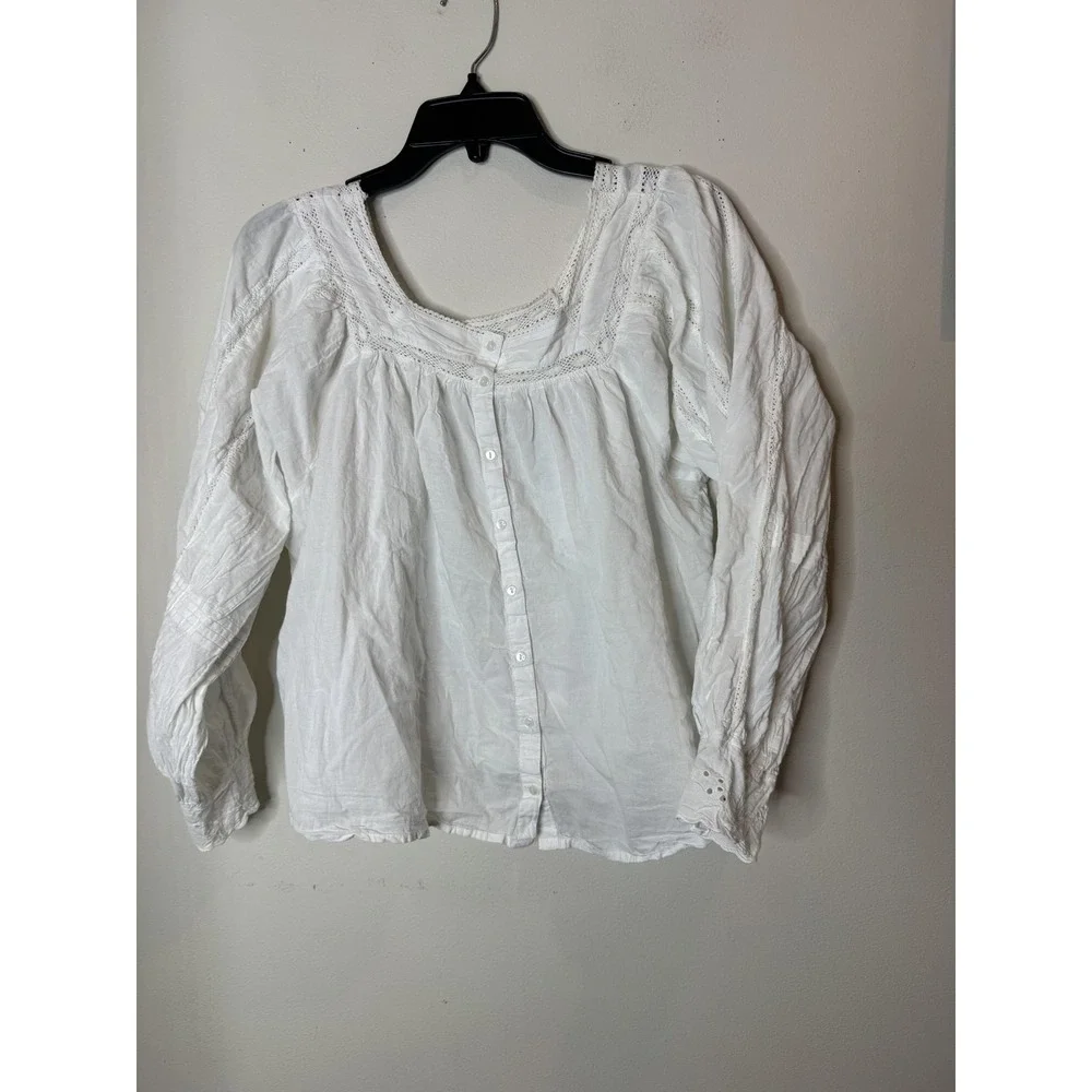 Jennifer Grace Blouse Womens M White Square Neck Crochet Boho Long Sleeve Top